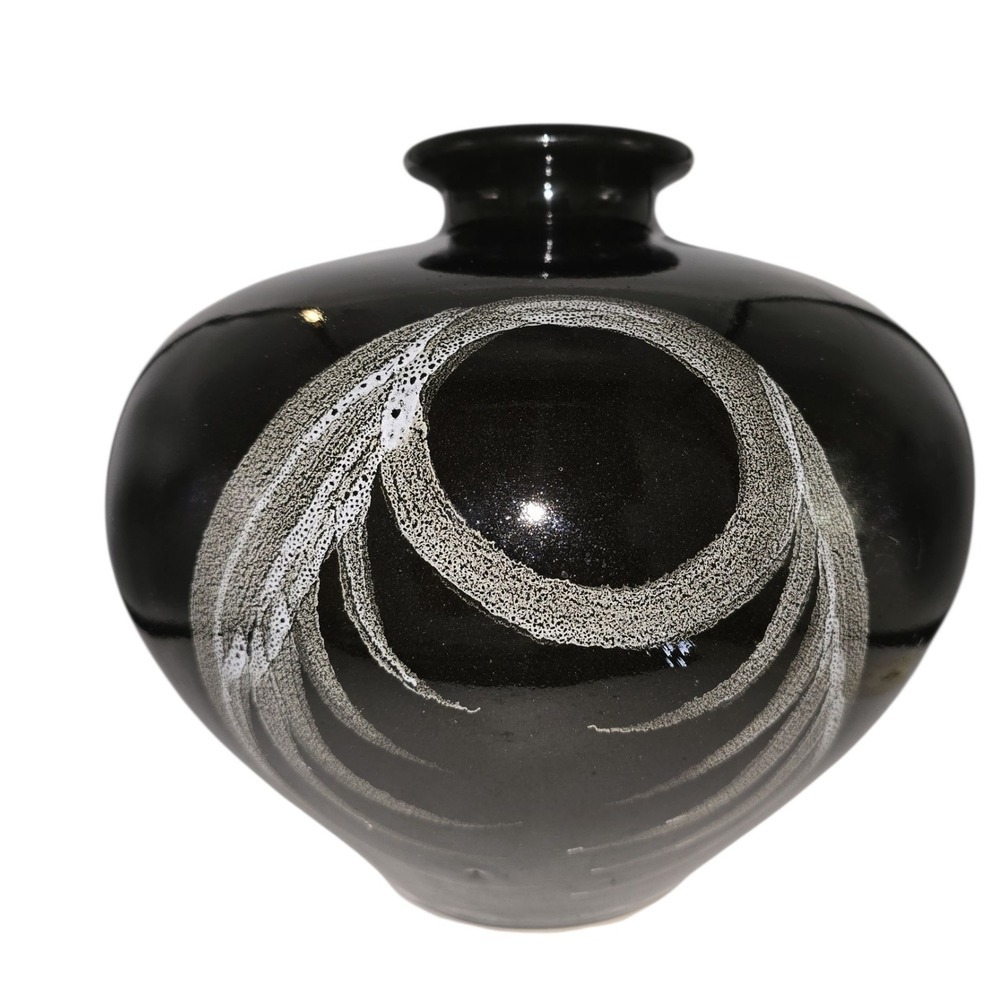 Black Ceramic Vase with Abstract White Design Elegant‎ Home Decor Accent Piece